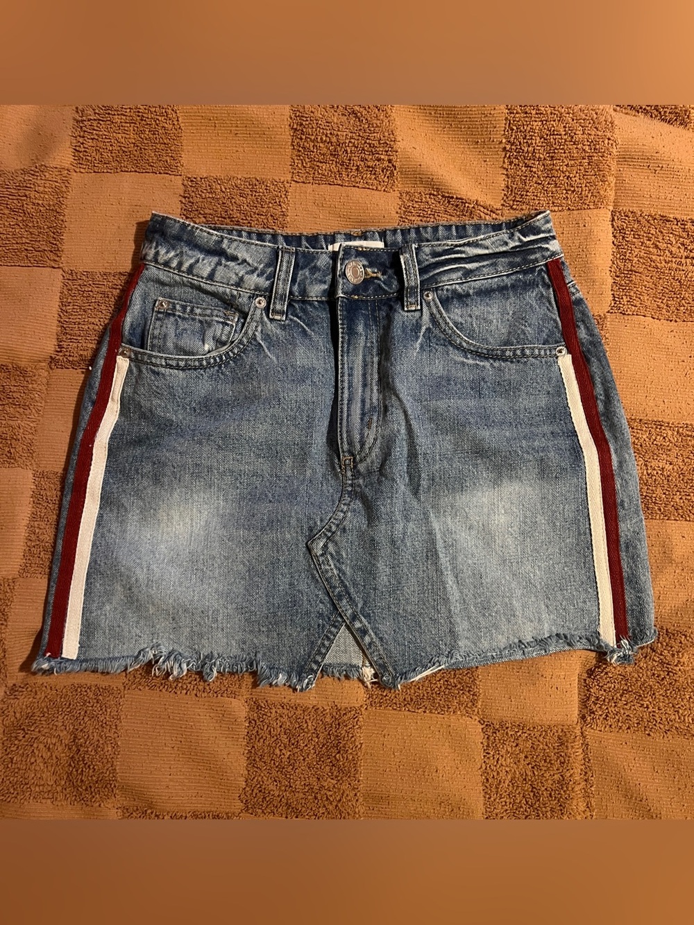 Garage Denim Mini Skirt with Red & White Side Stripes